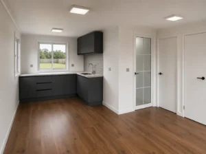 Open-plan living/kitchen with doors