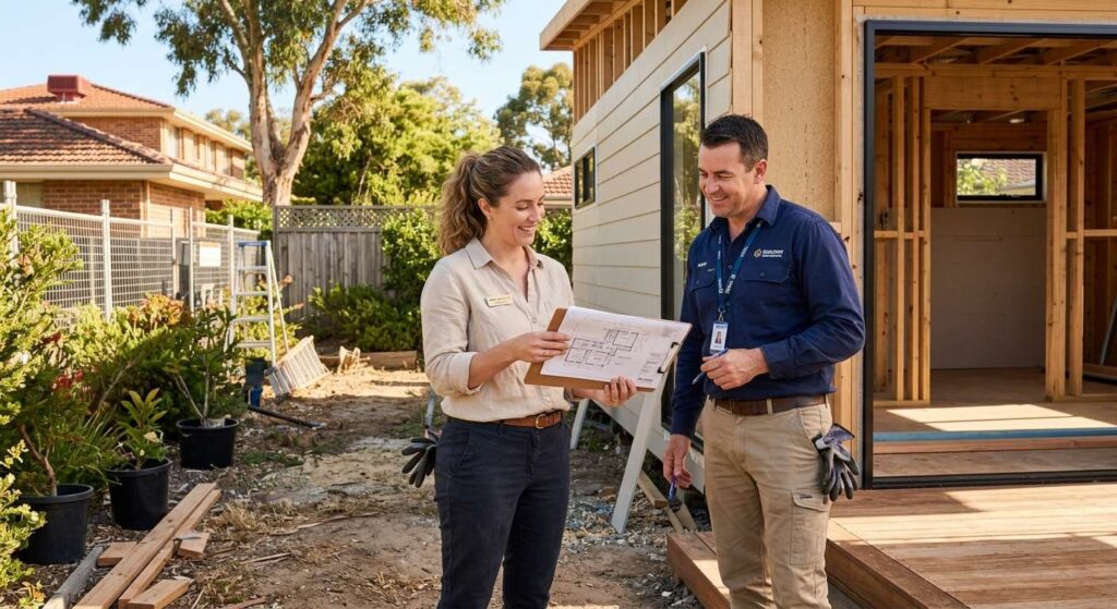 Consultation between homeowner and modular home builder in Perth