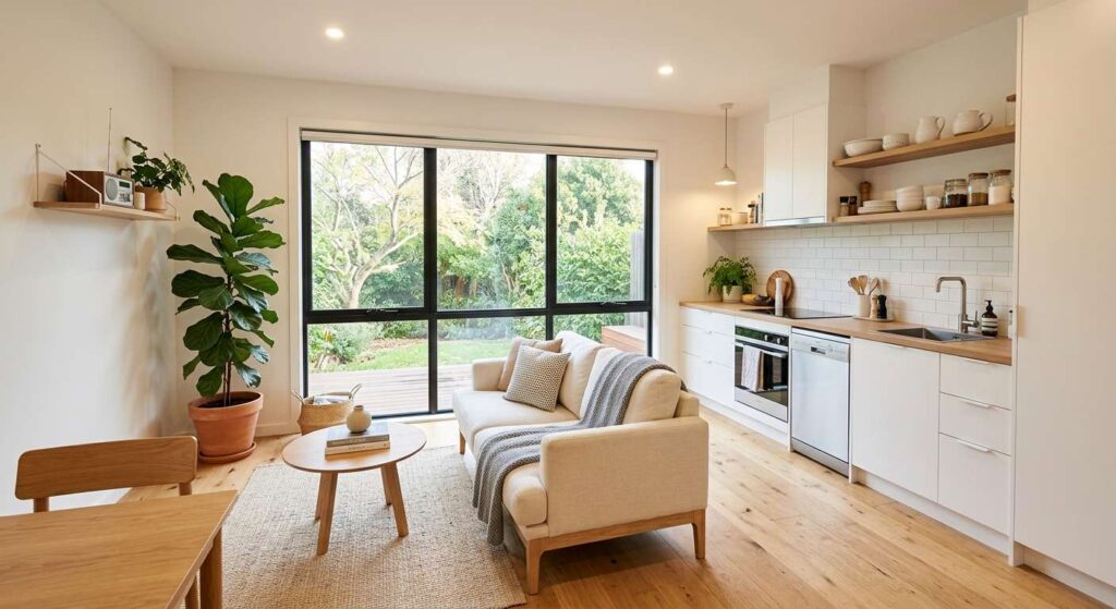 Open-plan interior layout of a modular granny flat