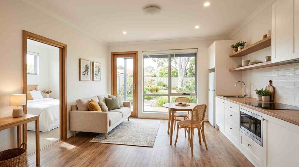Bright granny flat interior with a compact kitchenette and open-plan living area.