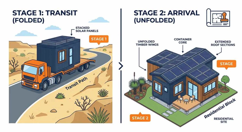 Expandable container home travelling compact then opening out on site”
Real photos of PDS Expanders being delivered or unfolded will beat this. Use the illustration only if no photos exist