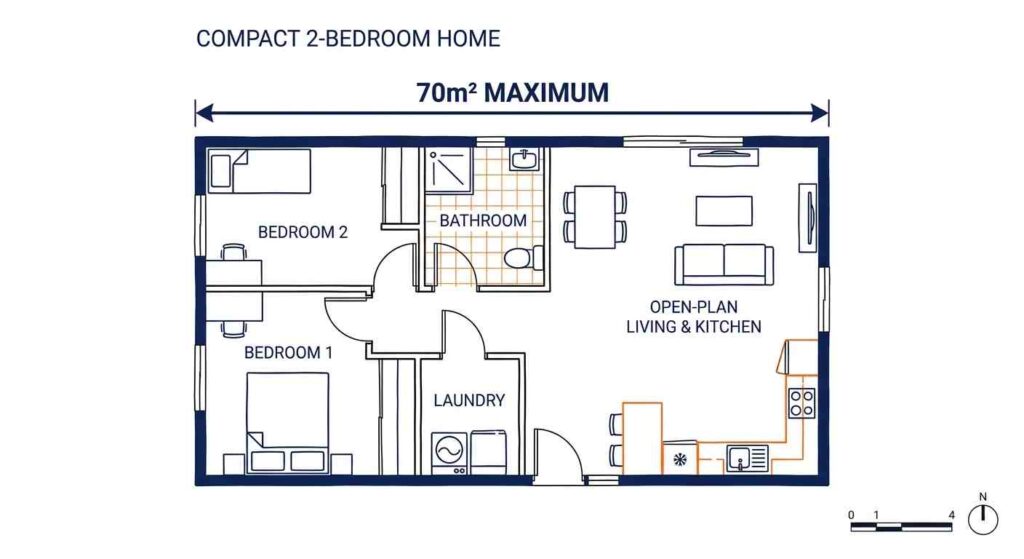 Floor plan showing what fits in a 70m² ancillary dwelling wa