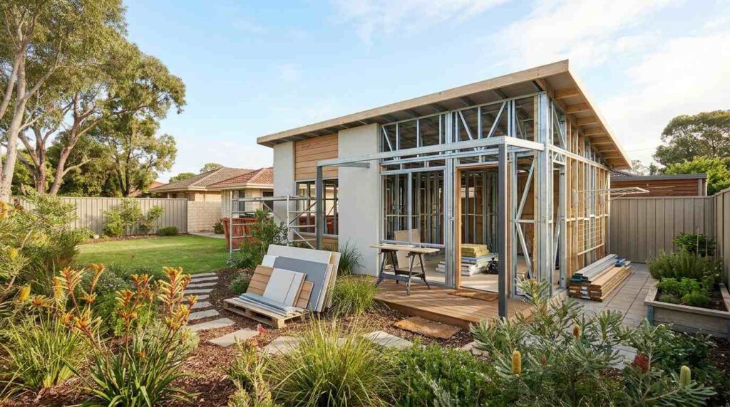 Granny flat under construction in a residential backyard, illustrating the building process and compliance considerations to inncrease Granny Flat Property Value