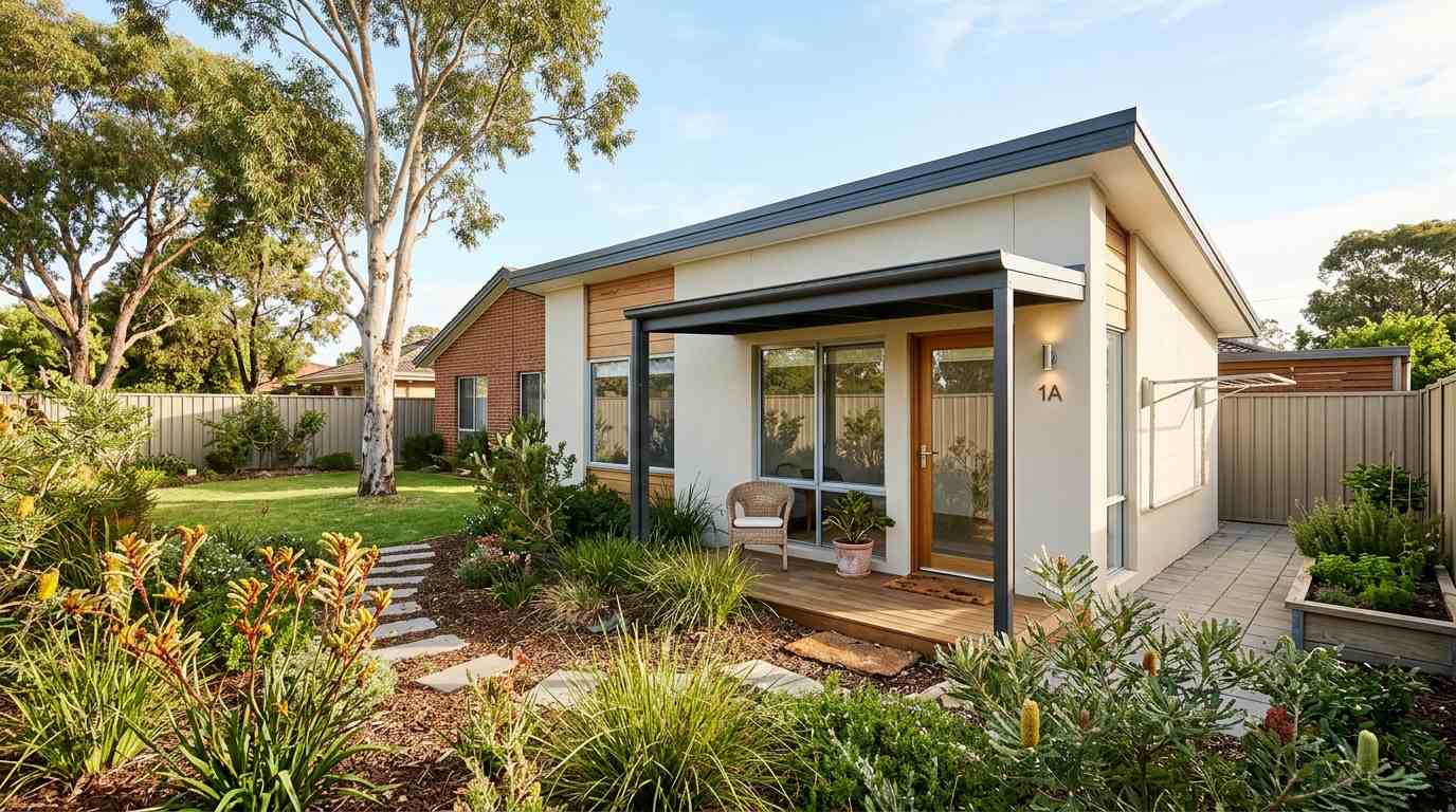 Modern detached granny flat with a covered patio and landscaped backyard in a Perth residential property.