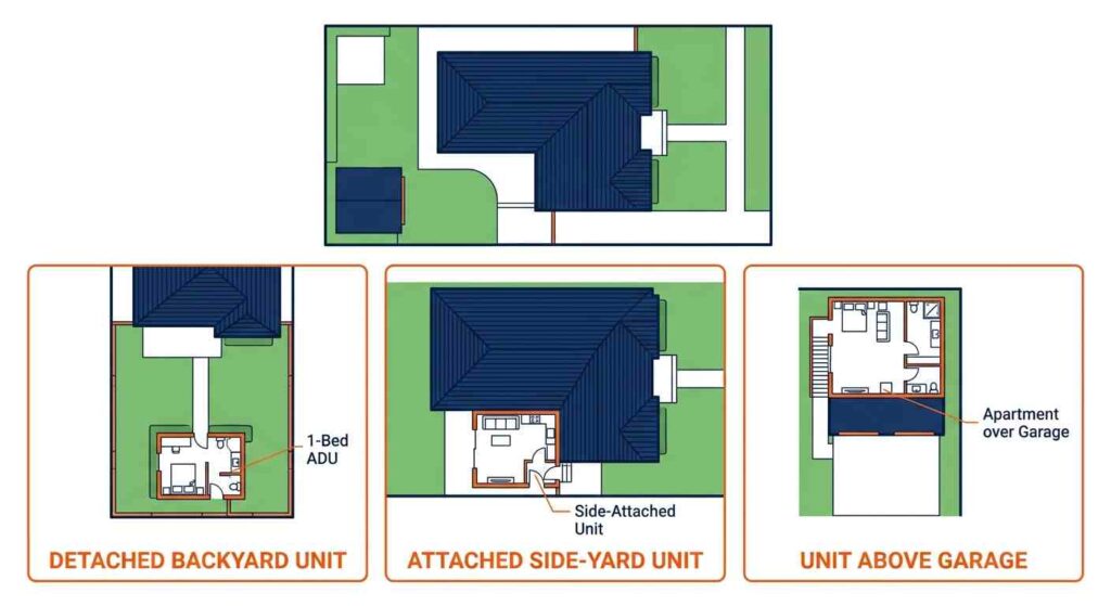 Types of ancillary dwelling: detached, attached and above a garage
